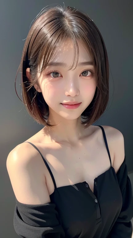 (((Close-up of face)))、(((Absolutely shoulder-length brown straight short bob)))、(((She is posing like a hair salon model, with a black wall indoors as the background.)))、(((Casual black winter long sleeves with shoulders covered)))、Half Japanese, half Korean、18 year old girl、Standing Alone、Looking forward、Light eye makeup、Brown Hair Color、Flat and 、Hair blowing in the wind、Actress Quality、Glossy, ultra-realistic face、Smiling face、Watery eyes、Gazing Up、Subtle lighting effects、 Ultra-Realistic Capture、Very detailed、High resolution 16K close up of human skin。Skin texture must be natural、The details must be such that pores can be clearly seen、The skin is healthy、Uniform tone、Use natural light and colors、A worn-out, high-quality photo taken by a model agency's in-house photographer.、smile、(((SIGMA 300 mm F/1.4,1/1000 sec shutter,ISO 400)))