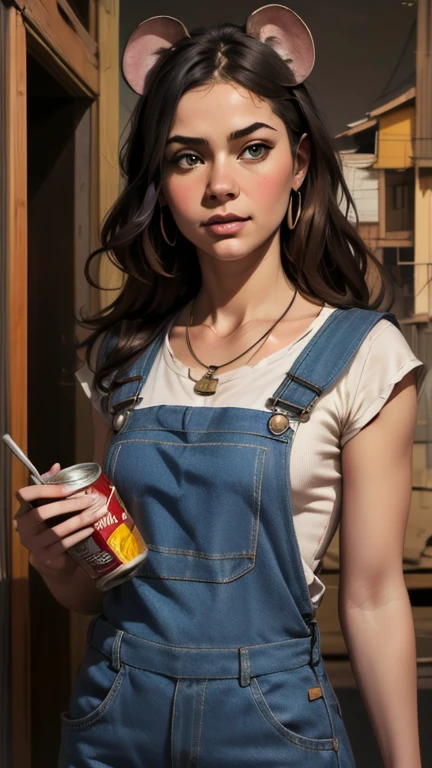 {{{highest quality}}}, {{Very detailed}}, {{Very delicate and beautiful}}, (highest quality, In 8K, 32k, )、Slums、realistic oil painting 、Girl with a mouse head、Mouse Overalls、Canned food necklace、American Urban Style、Line art
