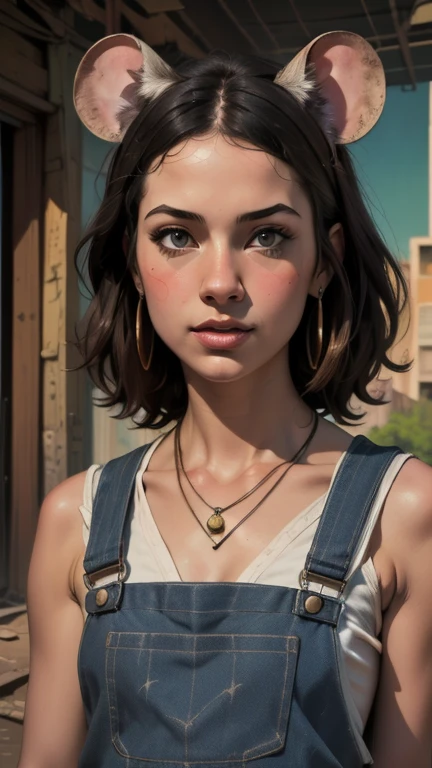{{{highest quality}}}, {{Very detailed}}, {{Very delicate and beautiful}}, (highest quality, In 8K, 32k, )、Slums、realistic oil painting 、Girl with a mouse head、Mouse Overalls、Canned food necklace、American Urban Style、Line art
