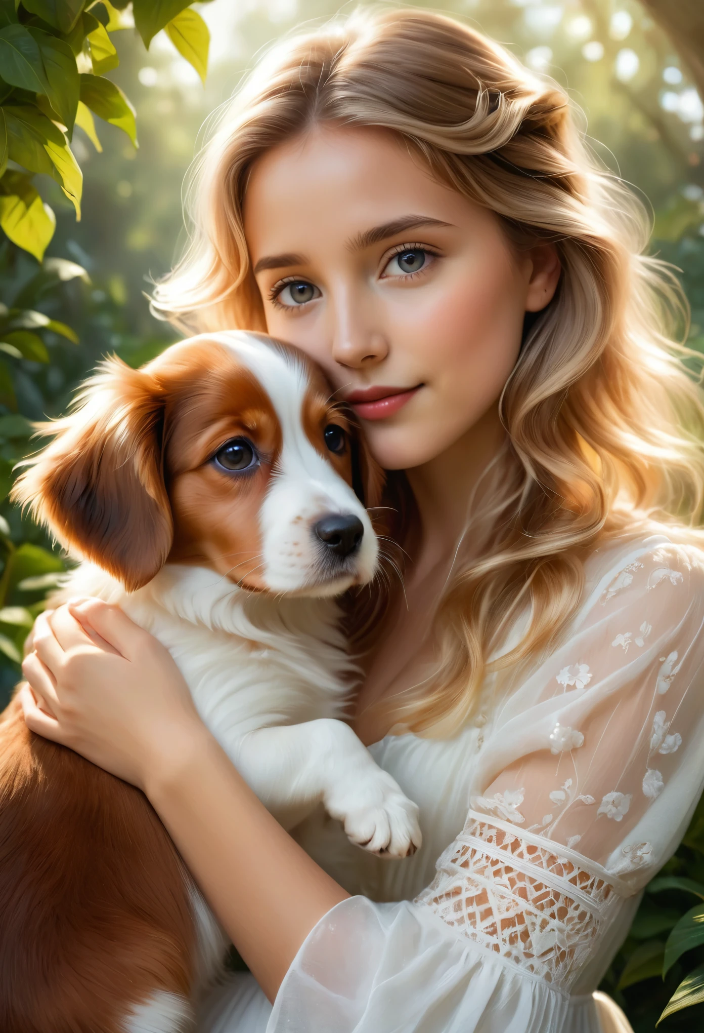 (highest quality,4K,8k,High resolution,masterpiece:1.2),Very detailed,(Realistic,photoRealistic,photo-Realistic:1.37),realistic,portraits,beautiful girl,holding a Kooikerhondje,paintings,soft brushstrokes,vibrant colors,garden background,detailed girl's eyes,detailed girl's lips,peaceful expression,flowing dress, figure,gentle smile,natural sunlight,lush greenery,playful puppy,wavy hair,subtle shadows,delicate features,captivating gaze,sunlight filtering through trees,botanical elements,floral patterns,endearing bond,bright and cheerful atmosphere,innocent charm,loving connection between girl and puppy,accurate portrayal of the Kooikerhondje's appearance,tender interaction,dimensional and lifelike representation,capturing the emotional connection between humans and animals,positive and heartwarming vibes,impeccable attention to detail,carefully composed composition,realistic fur texture and color rendering,subtle highlights and shading,impressionistic brushwork,ethereal and dreamlike quality, blond hair, 