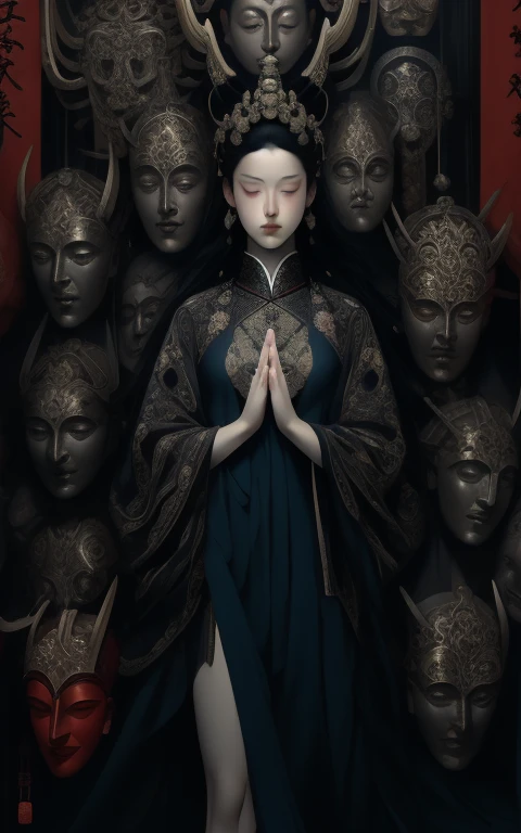 Lust meditating in front of a bunch of masks, Al estilo de Zhang Jingna, Fotomontaje, Hirohiko Araki, oriental, Sergio Toppi, Teatral, poster art
(cuerpo completo:1.5),