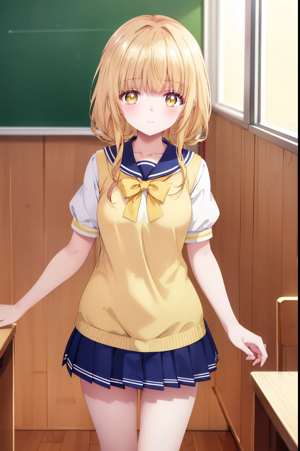 Mahiru shiina, , blonde, (Yellow Eyes:1.3)、Bun Hair,,blush,smile,Daytime、at school、School classroom、Captivating thighs、Beautiful bare legs, Short-sleeved sailor uniform、very cute、Wear a miniskirt、wearing cute glasses、ta、Small breasts、Cat pose
(masterpiece:1.2), highest quality, High resolution, unity 8k wallpaper, (shape:0.8), (Beautiful and beautiful eyes:1.6), Highly detailed face, Perfect lighting, Extremely detailed CG, (Perfect hands, Perfect Anatomy),
