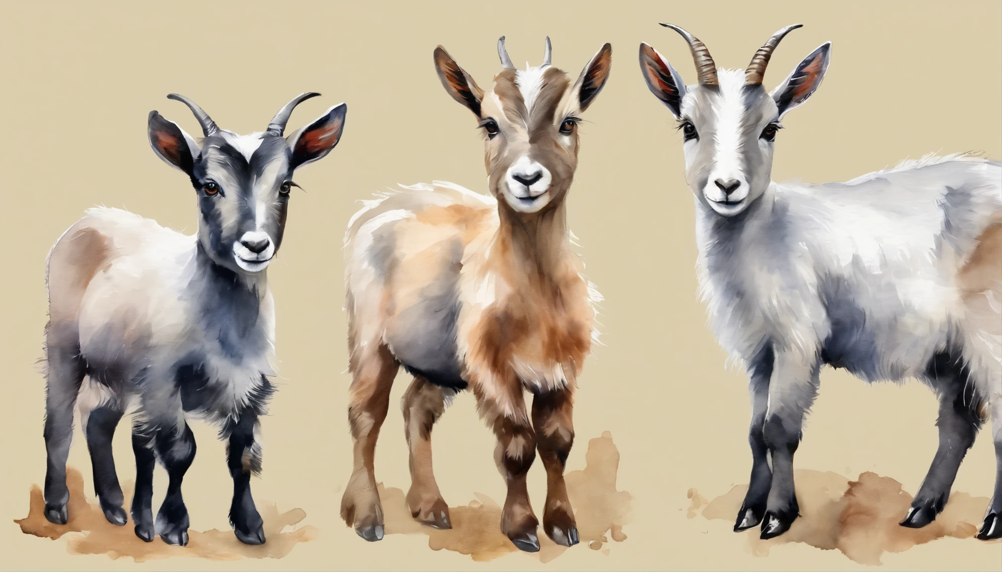 Pygmy Goats, no horns in different poses watercolor illustration, soft detail, big eyed, canvas art