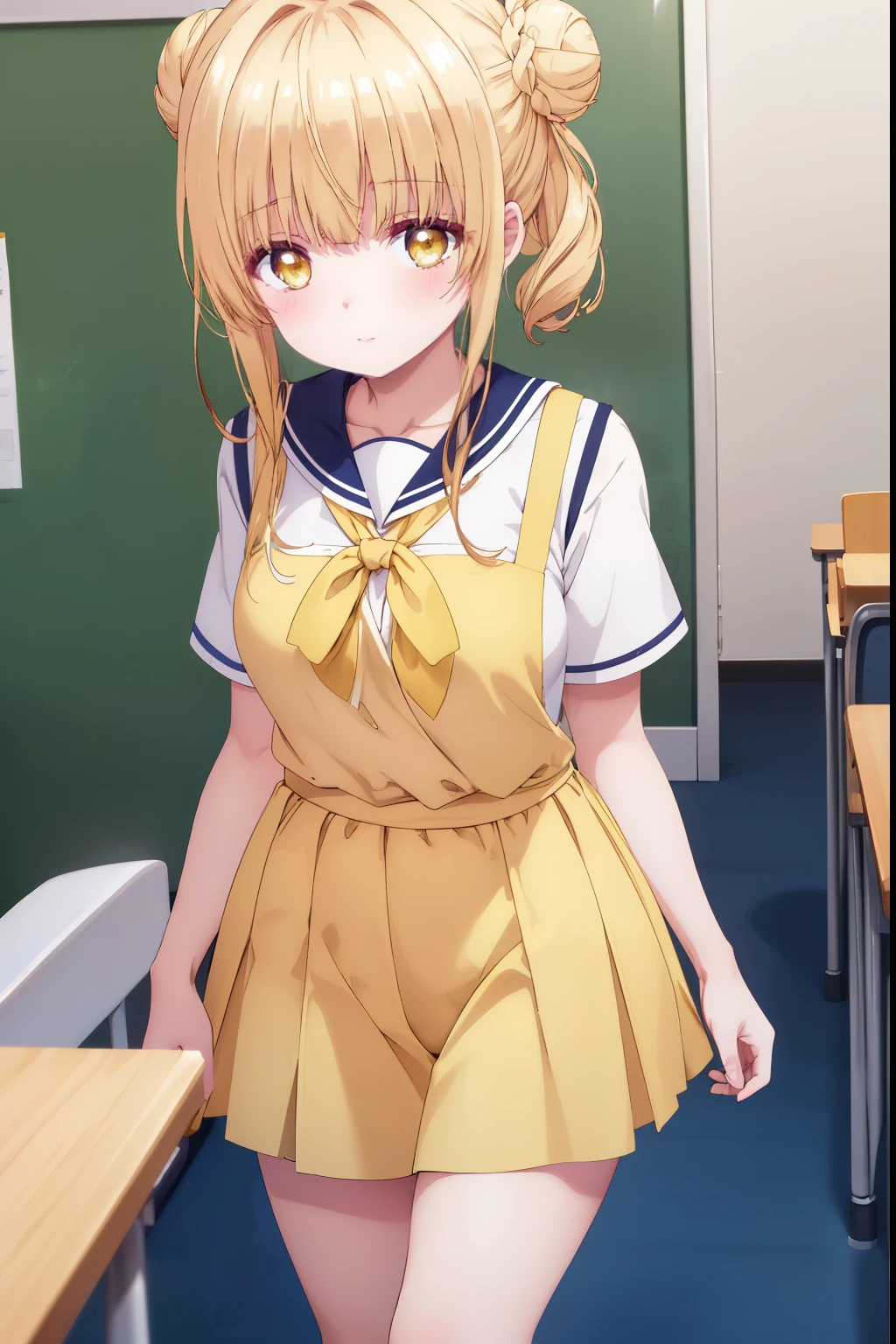 Mahiru shiina, , blonde, (Yellow Eyes:1.3)、Bun hair on the head,,blush,smile,Daytime、at school、School classroom、Captivating thighs、Beautiful bare legs, Short-sleeved sailor uniform、very cute、Wear a miniskirt、wearing cute glasses、Lolita、Small breasts、Cat pose
(masterpiece:1.2), highest quality, High resolution, unity 8k wallpaper, (shape:0.8), (Beautiful and beautiful eyes:1.6), Highly detailed face, Perfect lighting, Extremely detailed CG, (Perfect hands, Perfect Anatomy),