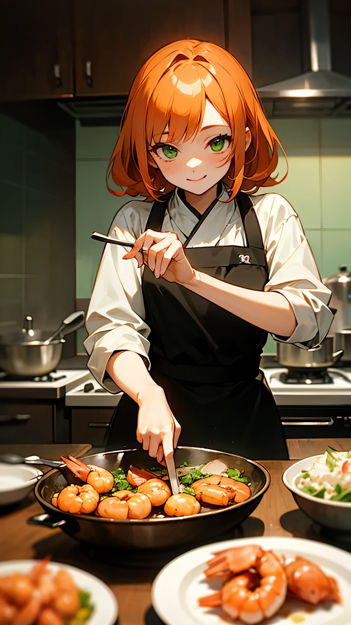 girl、alone、anime painting、Orange Hair、Green Eyes、smile、Cooking in the kitchen、Eat shrimp served on a plate、Background blur、The depth of the drawn boundaries