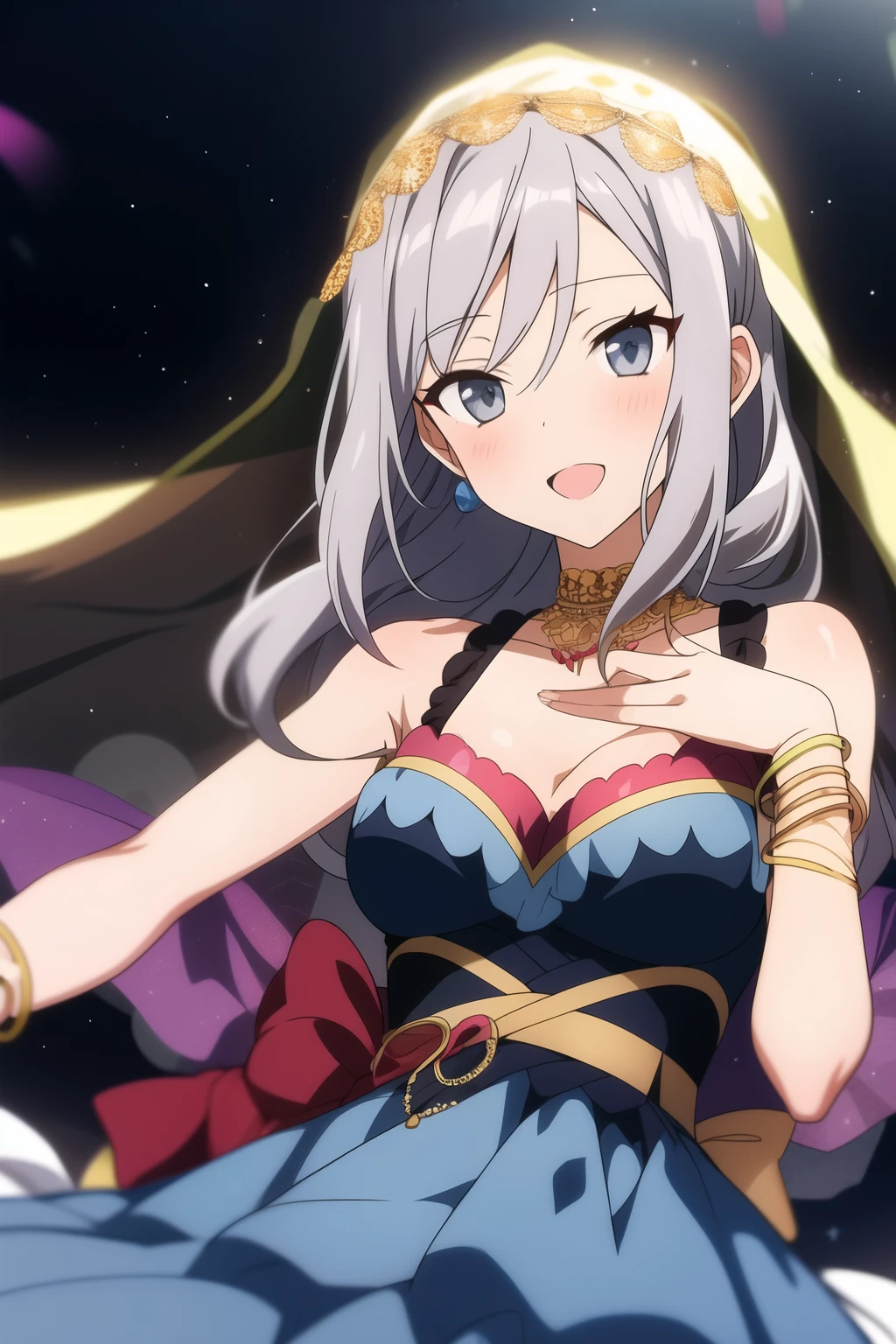 Anime older girl with long gray hair and gray eyes, wearing a flowy dress that follows her movements with bangles and bracelets on her wrist and a veil on her head, with bright decorations surrounding her