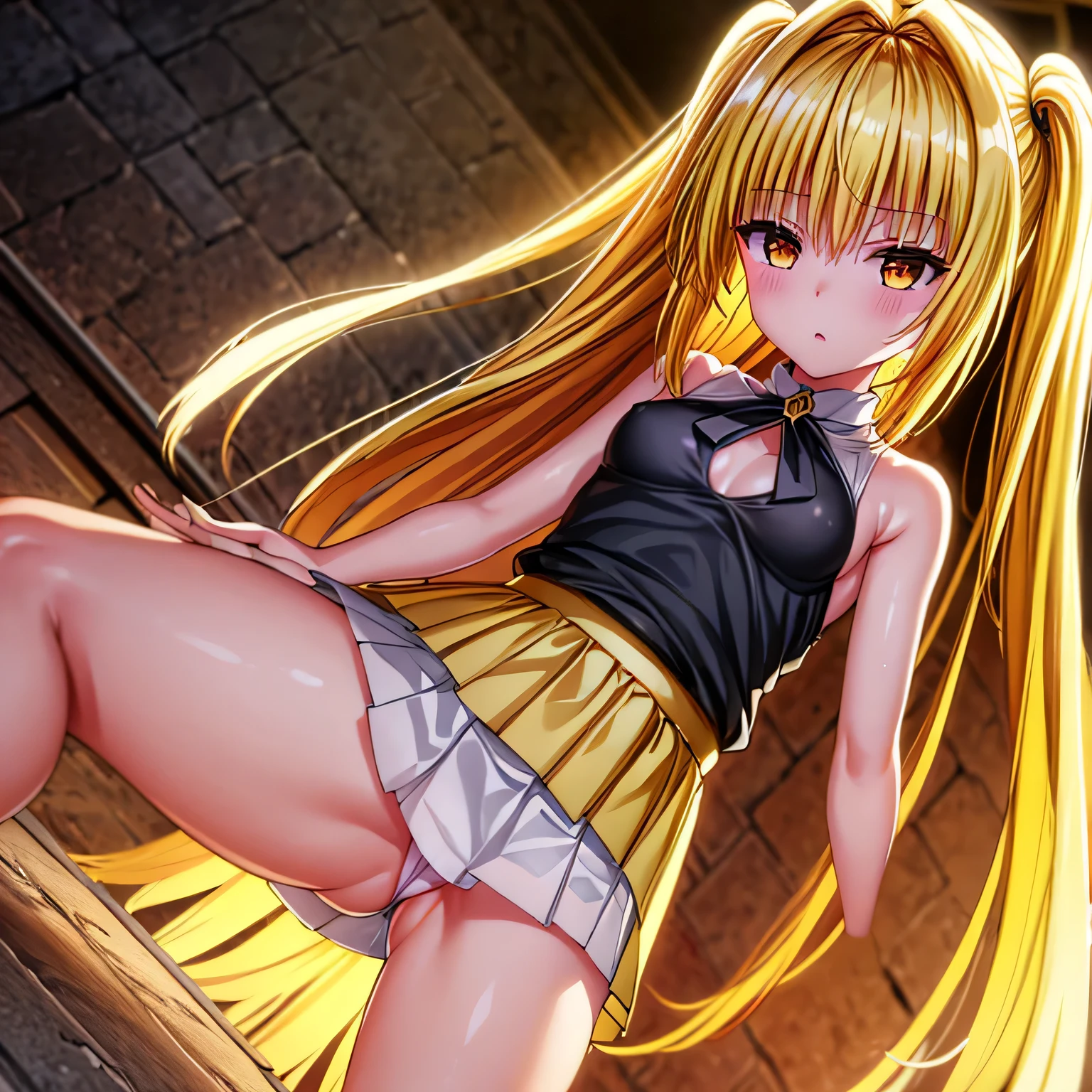 realistically, golden eyes, twintail, glowing eyes, golden hair, white short skirt, extra short skirt, Blush, daytime, Wet, see through, sleeveless shirt, armpit, nipples, pussy, embarrass, Sit with your knees raised, windy, yami, the skirt is turned up, highest quality, High resolution, highly detailed face, bare crotch, highest detailed CG, perfect hands, perfect anatomy, wind blow skirt up, medium breast