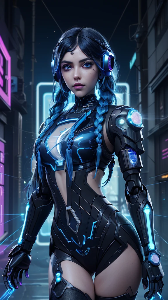 (Best quality,high resolution,Ultra Detailed,Practical),Layla in Mobile Legends, (Blue long hair :1.4), (Sexy Costumes Mobile Legends),(Hairstyle with two blue braids :1.4), ( Cyberpunk Alley Background :1.4), Fraction_9, Fraction_8_more than, Fraction_7_more than, Fraction_6_more than, Classification_clearly, 1 girl, ((18 years:1.2)), aldult, Full lips, Big bright eyes, Light blue eyes,(Facial details: 1.5, Bright blue eyes, Pretty Face, beautiful eyes, Iris lining, labios Delgados: 1.5, Delgado, Light and pointed eyebrows, long, Dark eyelashes, Double label),(Layla in Mobile Legends:1.4), (《Mobile Legend V2》Leila.1), ,( Cyberpunk 2.1), ,(Collection of blue cut :1.4), (Robot Military Universal Black Headphones :1.4), (Lace style underwear :1.4), (Network robot transparent glass :1.4), (Circuit Card, Mother :1.4), (Neon light electronic circuit), (Glass Robot 2090s), (Transparent glass robot :1.4), (State-of-the-art technology in the 3000s)