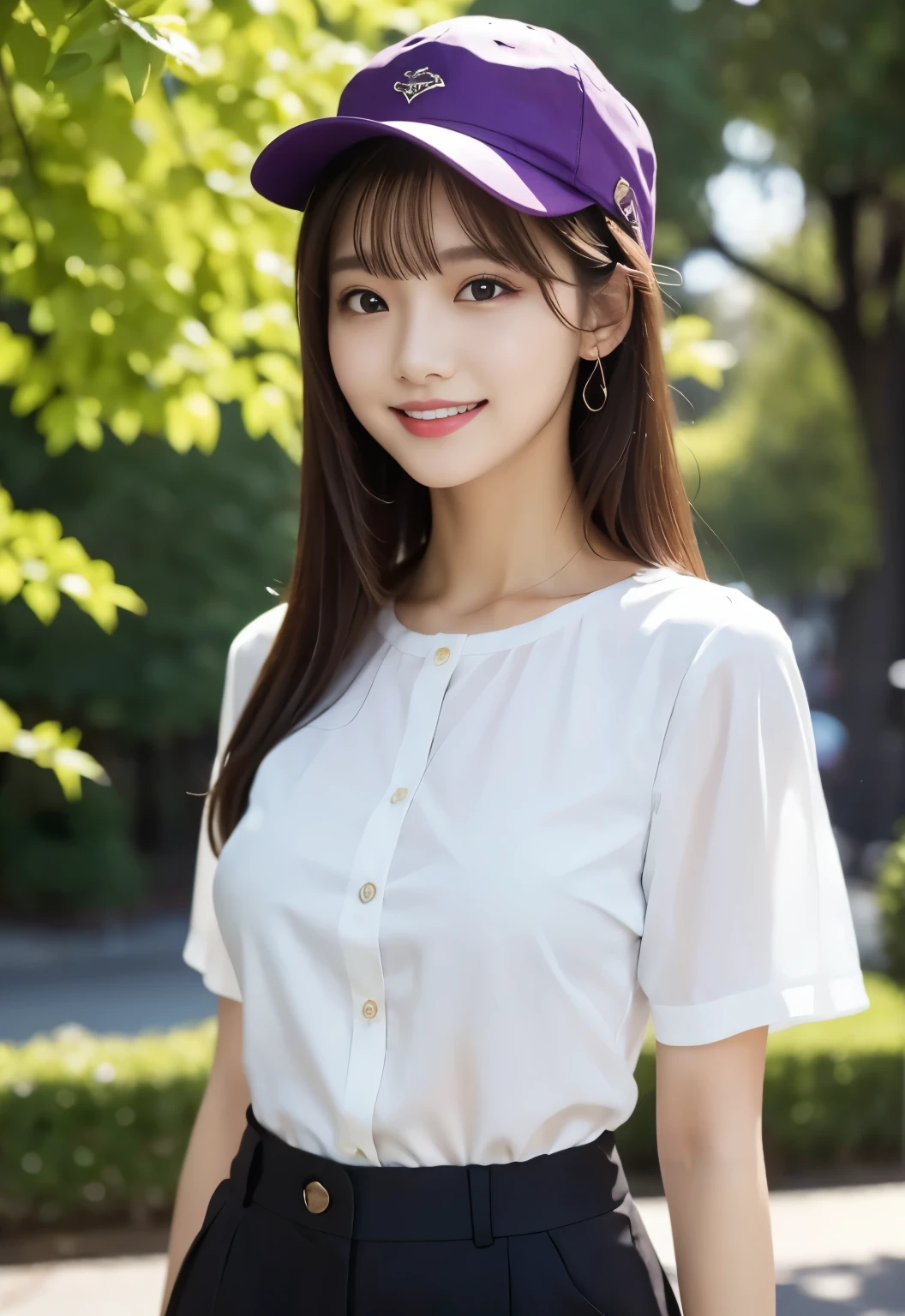 masterpiece, best quality:1.1), (8k, raw photo, photo realistic:1.2, f22), (shiny skin), detailed skin,long hair,detailed face, detailed eyes,smile,BREAK, real world, intricate details, smil, BREAK, 1girl, full body,purple,(short sleeves,blouse,pants,hat)BREAK, (park:1.4)