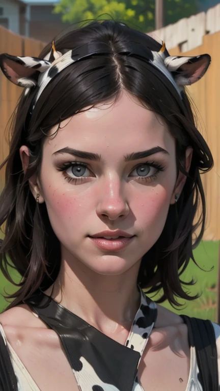 {{{highest quality}}}, {{Very detailed}}, {{Very delicate and beautiful}}, (highest quality, In 8K, 32k, )、Ranch、realistic oil painting 、Girl wearing a cow's head、Overalls、Bone Necklace、American Urban Style、Line art
