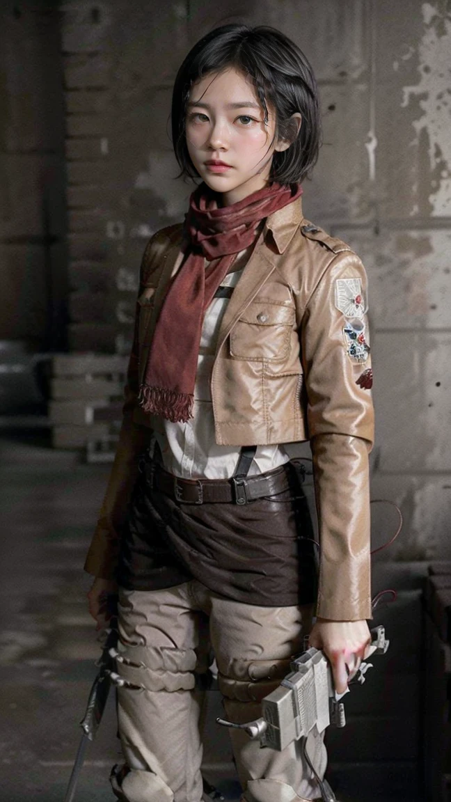 Mikasa, Masterpiece, Best quality, A high resolution, Short hair, Black eyes, Scarf, emblem, belt, thigh band, Red scarf, White pants, Brown jacket, Long sleeves, holding weapon, sword, dual wielding, Three-dimensional motorized gears, Arms spread wide, standing on one leg, Wide shot, sky, Highest quality, high resolution.