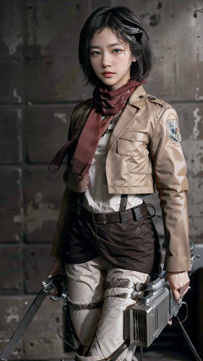 Mikasa, Masterpiece, Best quality, A high resolution, Short hair, Black eyes, Scarf, emblem, belt, thigh band, Red scarf, White pants, Brown jacket, Long sleeves, holding weapon, sword, dual wielding, Three-dimensional motorized gears, Arms spread wide, standing on one leg, Wide shot, sky, Highest quality, high resolution.