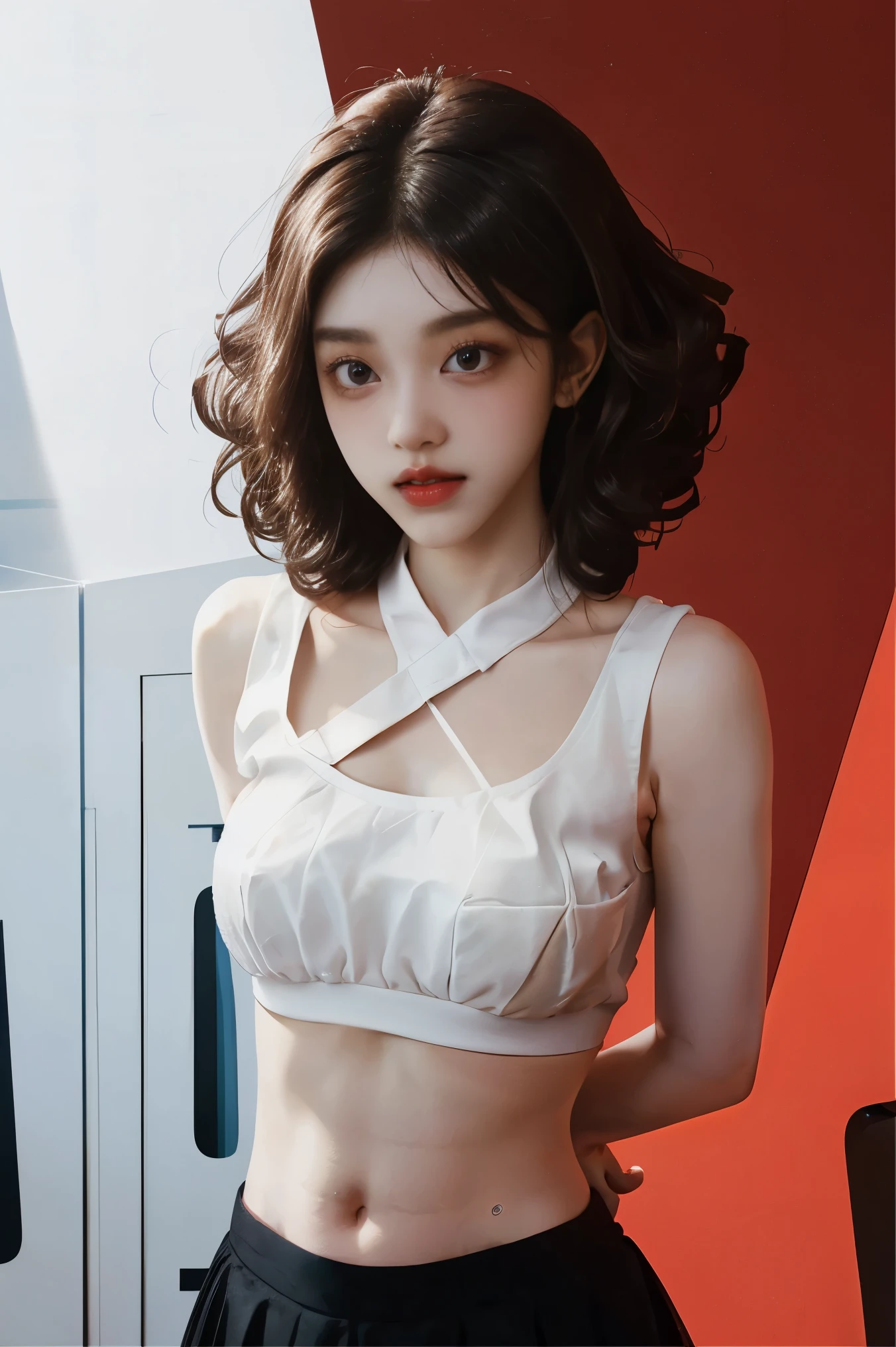 white t-shirt, Black Tulle_skirt, belly button visible, 1 Korean beauty,  (Perm Hair Curly:1.2), (Overhead shot), (on_stomach:1.5) , (arms_behind_back:1.5)