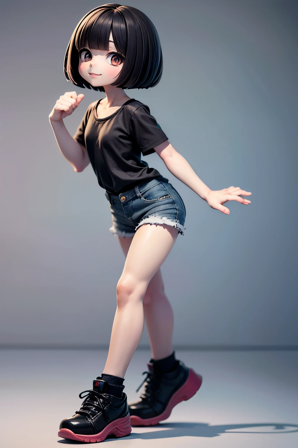 、Jewel-like eyes、full body、smile、Black Hair、Bobcut、Black Shirt+Denim shorts、Facing forward