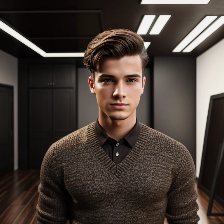young man, twenty years old, very short dark brown hair, high hairline, designer 90s clothing, photorealistic, realistic, photorealism, indoor studio, glamour shot
