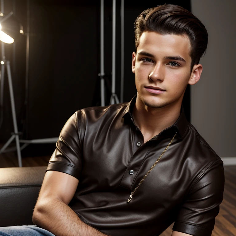 young man, twenty years old, very short dark brown hair, high hairline, designer 90s clothing, photorealistic, realistic, photorealism, indoor studio, glamour shot
