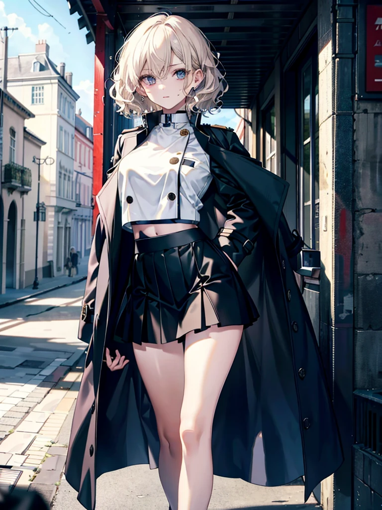 absurdres, RAW photo, extremely delicate and beautiful, masterpiece, Best Quality, ultra high resolution, 32k, hyperrealistic, ultra-detailed, perfect anatomy, anatomically correct, perfect figure, super Detailed skin, 20 years old, very Slim body, narrow waist, very small head, very small face, delicate facial features, detailed face, detailed eyes, tearful mole, earring, thin legs, bare legs, very huge round breasts, short medium hair, ((wavy hair)), wet clothes, ((admiral uniform)), Skirt, (trench coat), midriff, ocean,