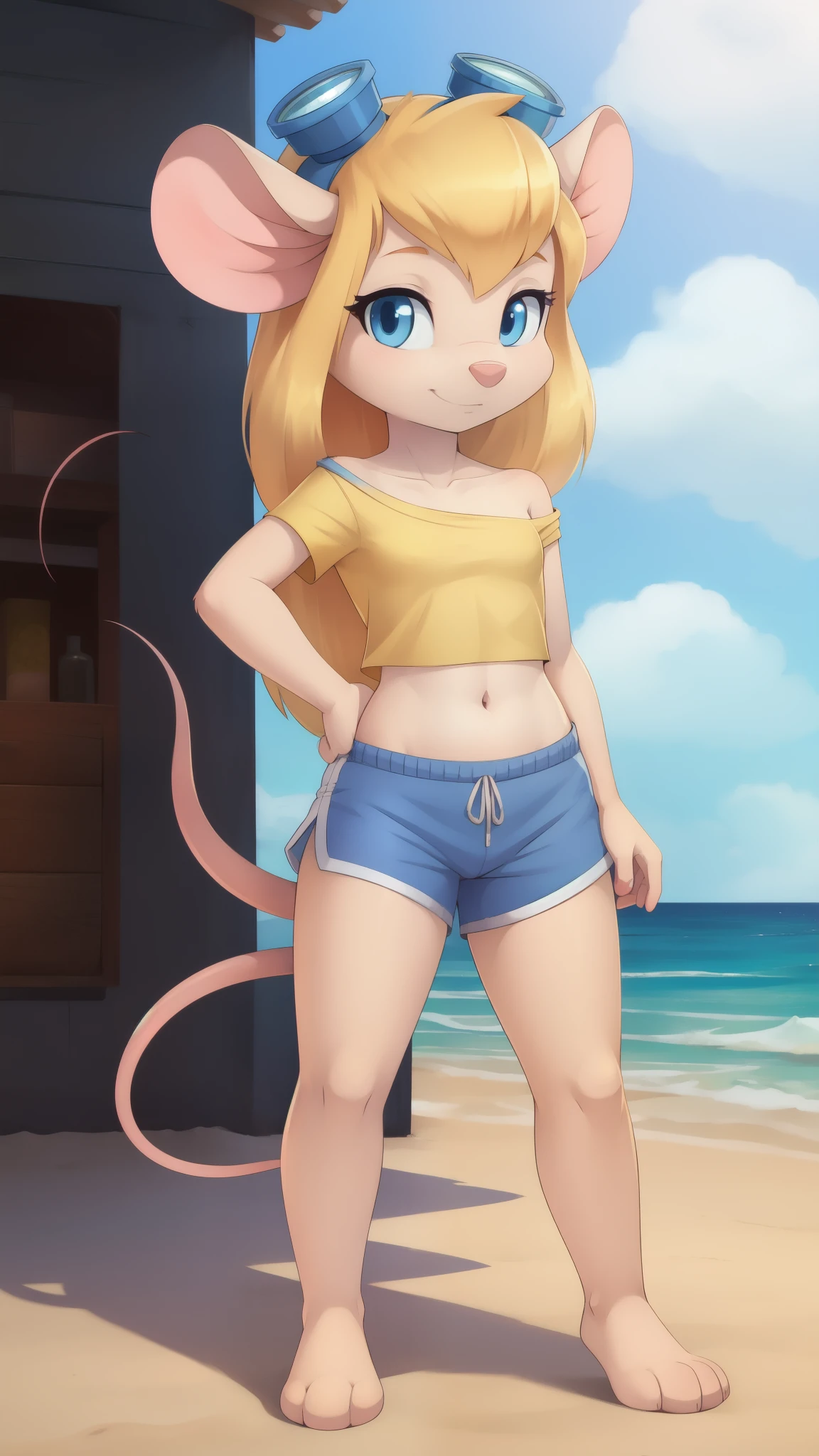 Gadget Hackwrench, young, mouse, blonde hair, long hair, narrowed eyes, blue eyes, pink nose, body fur, small breasts, detailed body fur, detailed face, detailed eyes, glistering body, shiny body, gorgeous body, masterpiece, high quality, ((goggles, yellow shirt, one shoulder, midriff, blue shorts)), full body, feets with three toes, 3 toes, beach, clear sky, skinny, :3, cute stance,