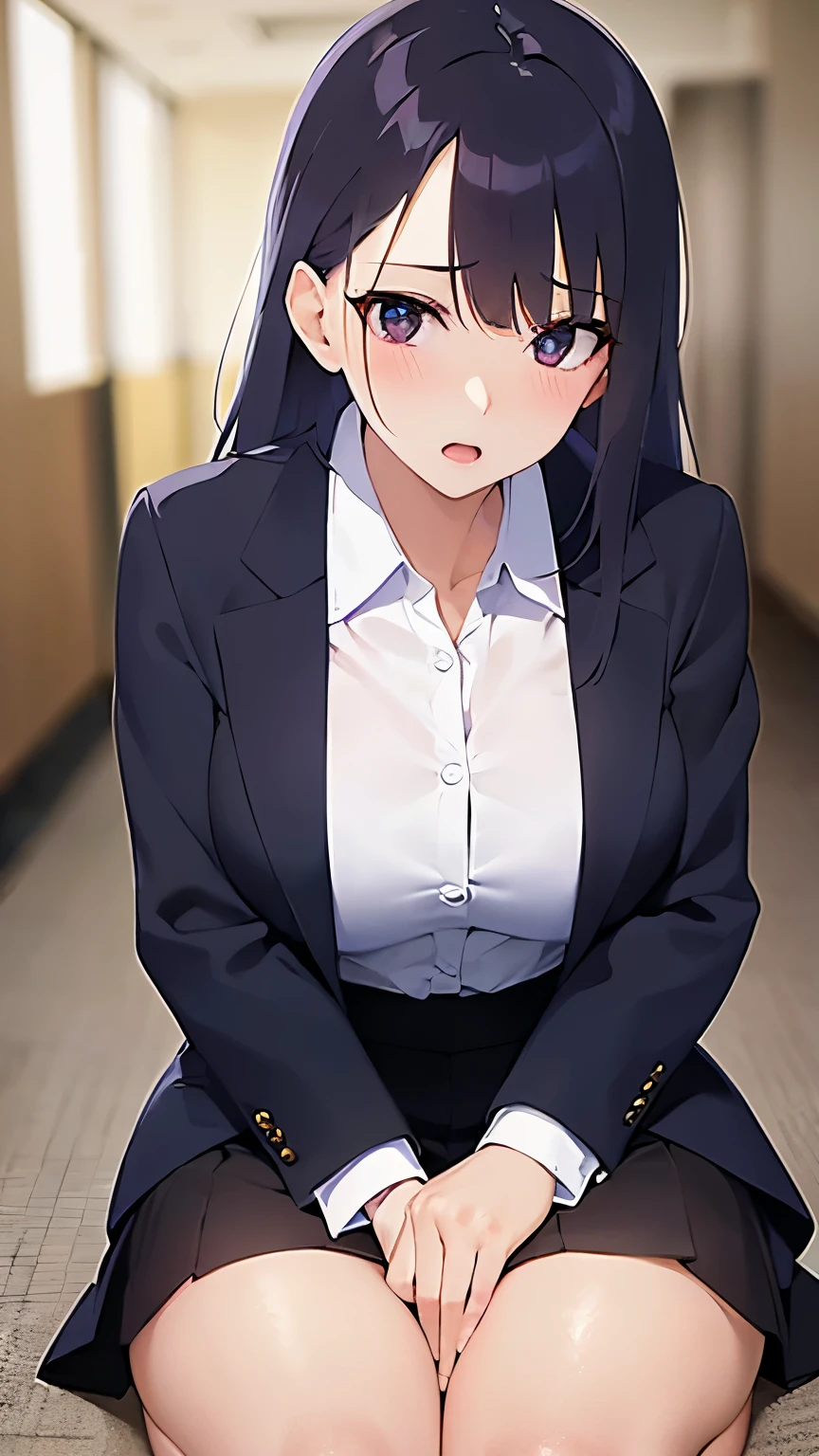 (hand between legs, wariza:1.3), Real person, (Pale skin: 1.2), RAW Photos, Realistic, Portrait Photography, Shiny skin, Shiny Hair、(A 25-year-old woman with straight hair and bangs) and (medium hair) and (black hair) and (purple eyes) , (business suit:1.5) and(White collared shirt) and (skirt), (scowl, embarrassed, blush:1.3), open mouth, The background is an office hallway、