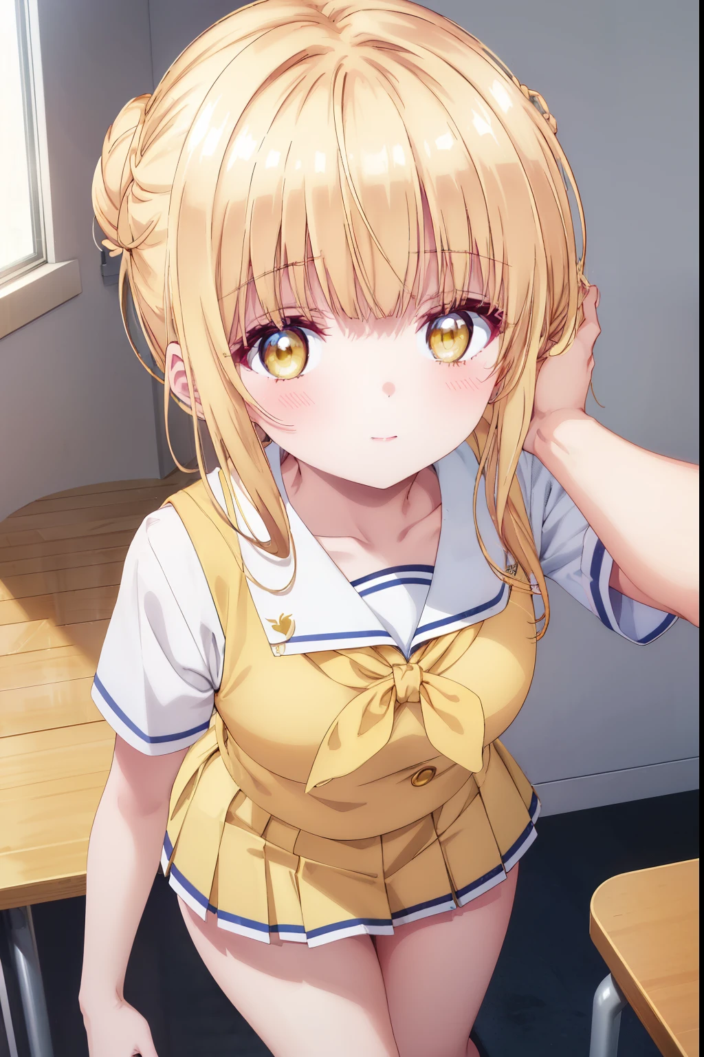 Mahiru shiina, , blonde, (Yellow Eyes:1.3)、Tied bun hairstyle,,blush,smile,Daytime、at school、School classroom、Captivating thighs、Beautiful bare legs, Short-sleeved sailor uniform、very cute、Wear a miniskirt、wearing cute glasses、Lolita、Small breasts、Cat pose
（masterpiece:1.2), highest quality, High resolution, unity 8k wallpaper, (shape:0.8), (Beautiful and beautiful eyes:1.6), Highly detailed face, Perfect lighting, Extremely detailed CG, (Perfect hands, Perfect Anatomy),