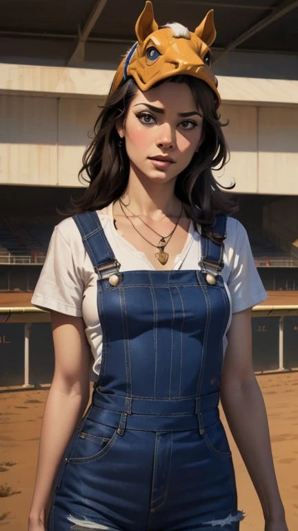 {{{highest quality}}}, {{Very detailed}}, {{Very delicate and beautiful}}, (highest quality, In 8K, 32k, )、Racetrack、realistic oil painting 、Girl wearing a horse head、Overalls、Bone Necklace、American Urban Style、Line art