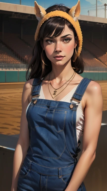 {{{highest quality}}}, {{Very detailed}}, {{Very delicate and beautiful}}, (highest quality, In 8K, 32k, )、Racetrack、realistic oil painting 、Girl wearing a horse head、Overalls、Bone Necklace、American Urban Style、Line art
