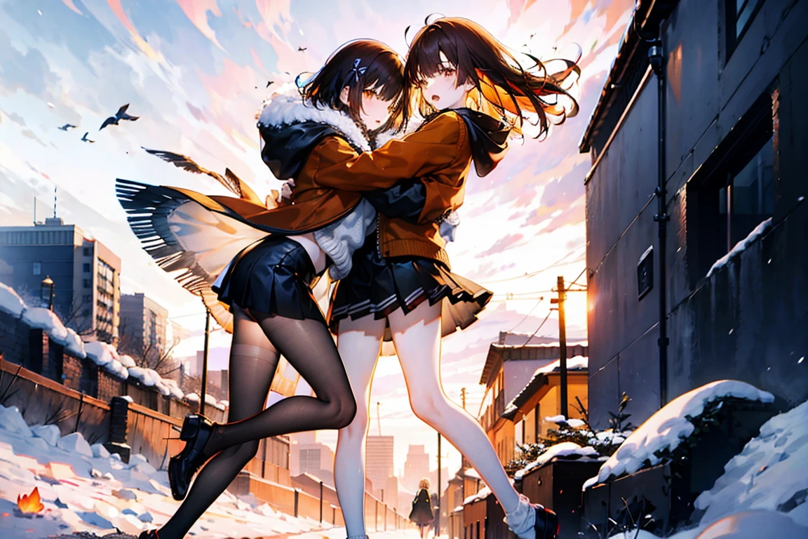 On the snow，Heavy snow，outdoor，two girls，16 years old，very beautiful，Very thin，an orange hair，a dark brown hair，wearing a coat，sweater，Short skirt，bare legs，The legs are very thin，Thin legs，thin waist，White socks，hug each other tightly：1.5，outdoor，whole body