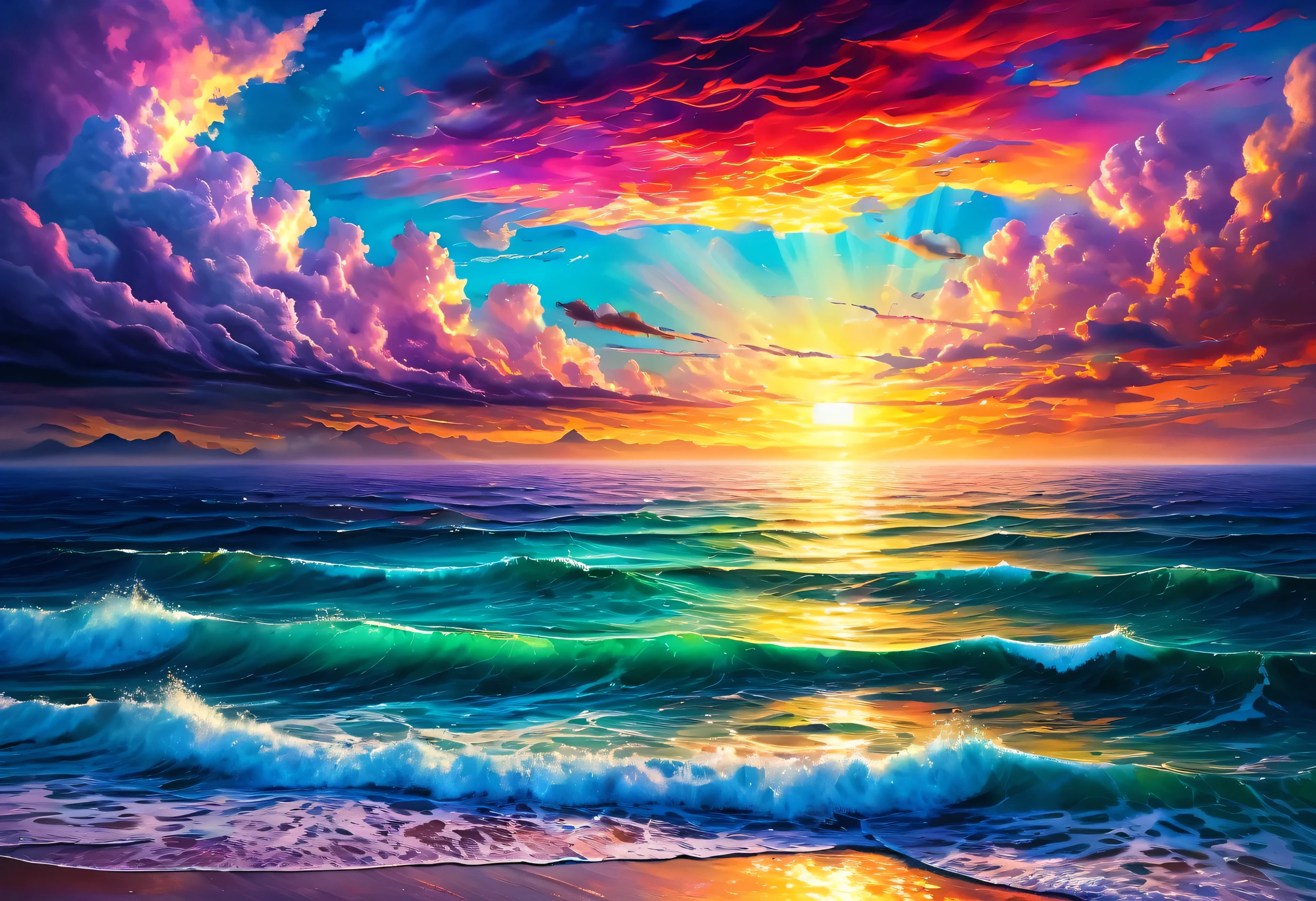 Painting of a sunset over water with clouds, fantastic sea scenery, Dreamscape painting, Beautiful Art UHD 4K, Sunny rainbow galaxy stormy ocean, Chaotic Sea setting, Rich, picturesque colors, Surreal dreamscape, Surreal colors, Amazingly colorful landscapes, Spectacular surrealism 8k oil painting, a Surreal dreamscape, Surreal Landscape, Surrealist painting, surreal background