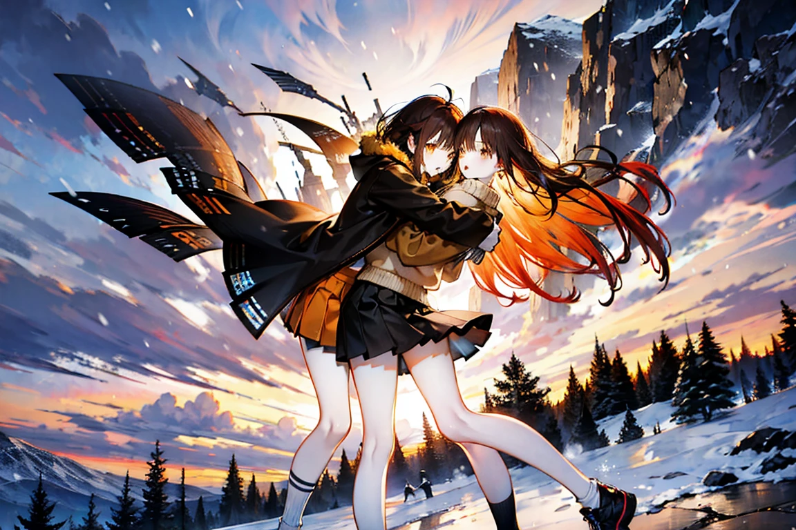 On the snow,Heavy snow,outdoor,two girls,16 years old,very beautiful,Very thin,an orange hair,a dark brown hair,wearing a coat,sweater,Short skirt,bare legs,The legs are very thin,Thin legs,thin waist,White socks,hug each other tightly:1.5,outdoor,whole body