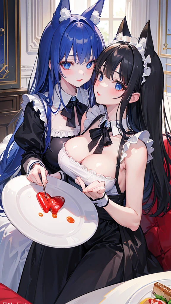 (8k、Highest image quality、best quality、masterpiece)、2 girls、kiss,Sticky,Face to Face,love,Maid costume,Waiting tables,Panting,Extremely detailed facial details, handcuffs,Collar,Calm expression,Red lips,Sweet smile,Black long hair, Charming blue eyes, Fox ears, Ridiculously big, glowing skin,Dining room