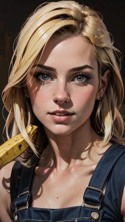 {{{highest quality}}}, {{Very detailed}}, {{Very delicate and beautiful}}, (highest quality, In 8K, 32k, )、realistic oil painting 、Girl wearing a banana peel、Overalls、Line art、Blonde