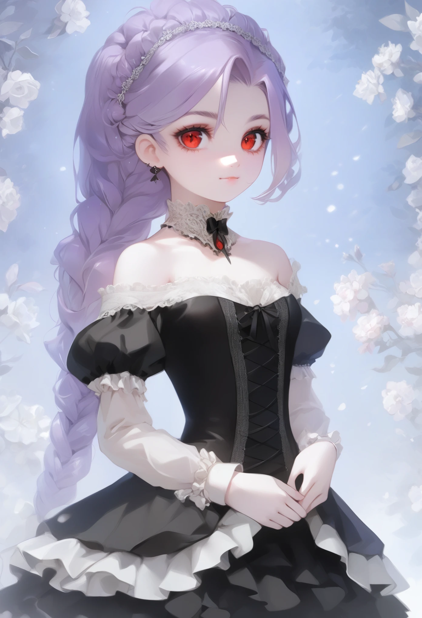 masterpiece, illustration, best quality, menacingjojo, cg, wallpaper, 1girl, solo, light purple hair, long hair, french braid, single sidelock, red eyes, multicolored eyes, small breasts, flat chest, , victorian dress, embellished dress, black dress, corset, neckwear, off-shoulder dress, frills, doll, doll joints, dynamic pose, leaning back, from below, looking down, looking at viewer, arms behind back, text, upper body, portrait, cold, neutral