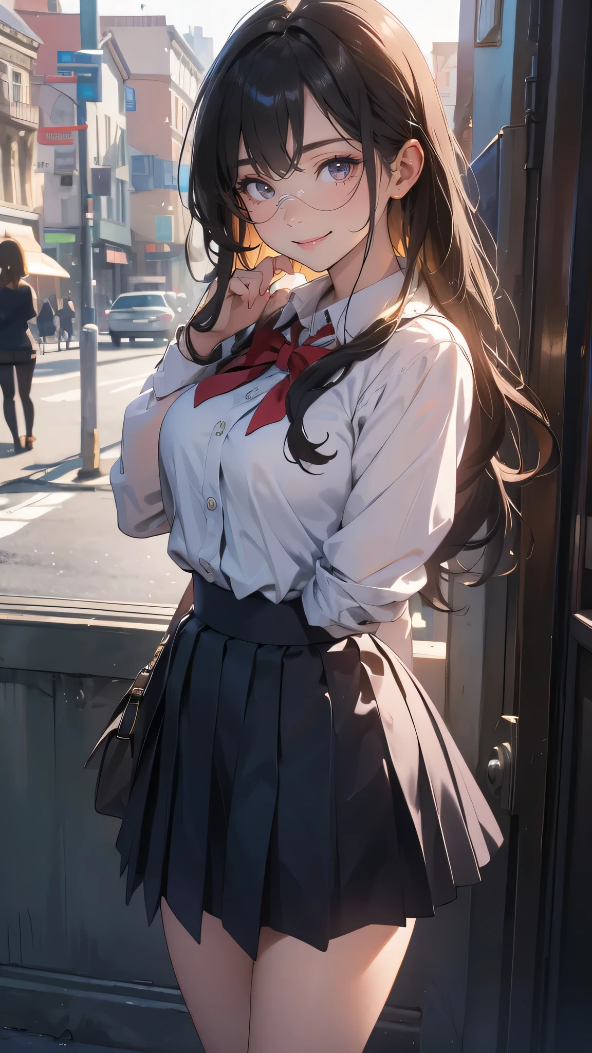 looking at viewer,high school girl,leaning forward,(random school uniform),(random Lively pose),(Thin type),(large breasts:1.2),(random hairstyle:1.2),(Highest image quality, (8K), Ultra-realistic, Best Quality, High quality, High Definition, high quality texture, high detailing, Beautiful detailed, fine detailed, extremely details CG, Detailed texture, realistic representation of face, masterpiece, presence),(wearing glasses:1.1)