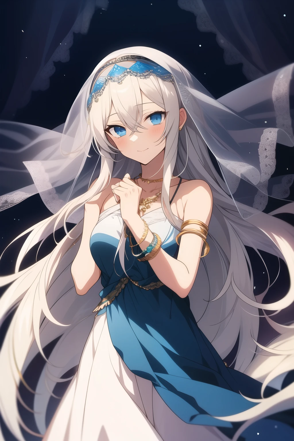 Anime older girl with long white hair and dark blue eyes, wearing a flowy dress that follows her movements with bangles and bracelets on her wrist and a veil on her head, with bright decorations surrounding her