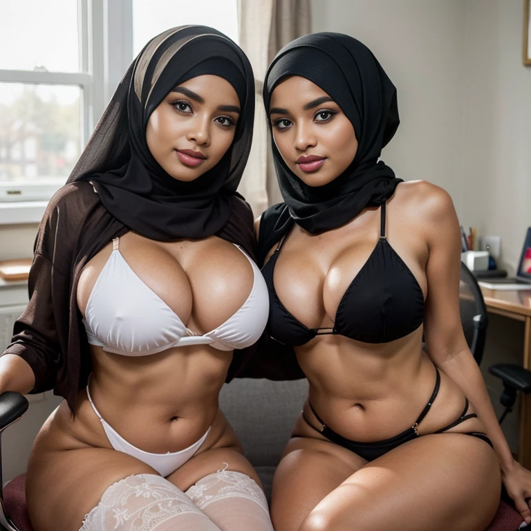 In the dimly lit settings of empty room,two exceptionally voluptuous cute 14-year-old schoolgirls sit side by side on a office chair Their baby faces radiate innocence and charm, captivating everyone who lays eyes on them. They share the same height and body proportions, creating a visually stunning image of unity and strength. Both girls wear (hijabs), beautifully wrapped around their heads, framing their faces and accentuating their sensuality. Complementing their hijabs, both girls wear (stockings) (daring string bikinis) that add a subtle hint of allure to their ensemble. The stockings enhance their sensual and lust-satisfying posture, further highlighting their lust-satisfying hourglass figures. Their makeup is flawlessly applied, with striking red lips, voluminous mascara, captivating eye shadow, precise eyeliner, and luxurious lashes. These elements enhance their already mesmerizing features, drawing attention to their expressive eyes. As they sit close to each other on the office chair, they exude a sense of unity and sisterhood. Their presence showcases the beauty and strength of cute baby faces teen tween hijabi Muslim schoolgirls, empowering others to embrace their identities and celebrate their unique beauty. both is looking at viewer, skin texture, ultra high res, RAW, instagram LUT, masterpiece, best quality, ultra-detailed, ultra high resolution, RAW, 4k, (looking at viewer), extremely detailed eyes and face, ((beautiful detailed nose)), ((beautiful detailed thigh)), ((beautiful detailed eyes)), perfect body proportion, (looking at the camera),  smile, red lips, (SFW:1.5), ((cute)) ((baby faces)) ,((parted legs)), cute baby faces, parted lips, both wearing hijabs ((bare belly))'s,, bride's style