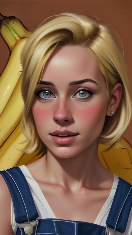 {{{highest quality}}}, {{Very detailed}}, {{Very delicate and beautiful}}, (highest quality, In 8K, 32k, )、realistic oil painting 、Girl wearing a banana peel、Overalls、Line art、Blonde