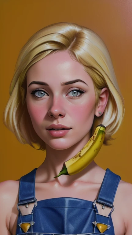 {{{highest quality}}}, {{Very detailed}}, {{Very delicate and beautiful}}, (highest quality, In 8K, 32k, )、realistic oil painting 、Girl wearing a banana peel、Overalls、Line art、Blonde