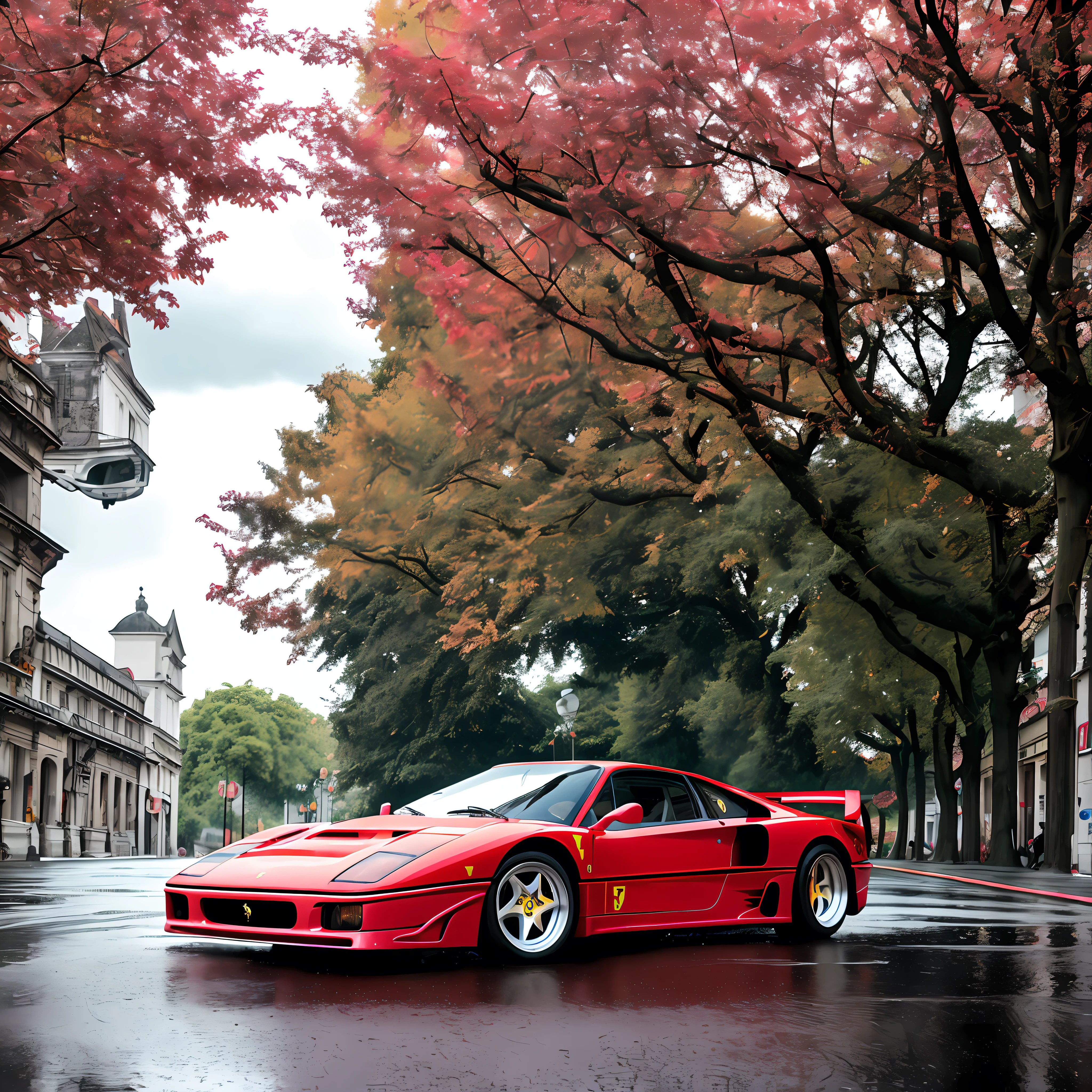 35mm portrait of a black Ferrari F40, Parked on the street after the rain，The car was splashed with water, Movie city and some trees with pink leaves, Dramatic Lighting, Super Resolution, Surrealism, Reflection of the ground and cloudy sky