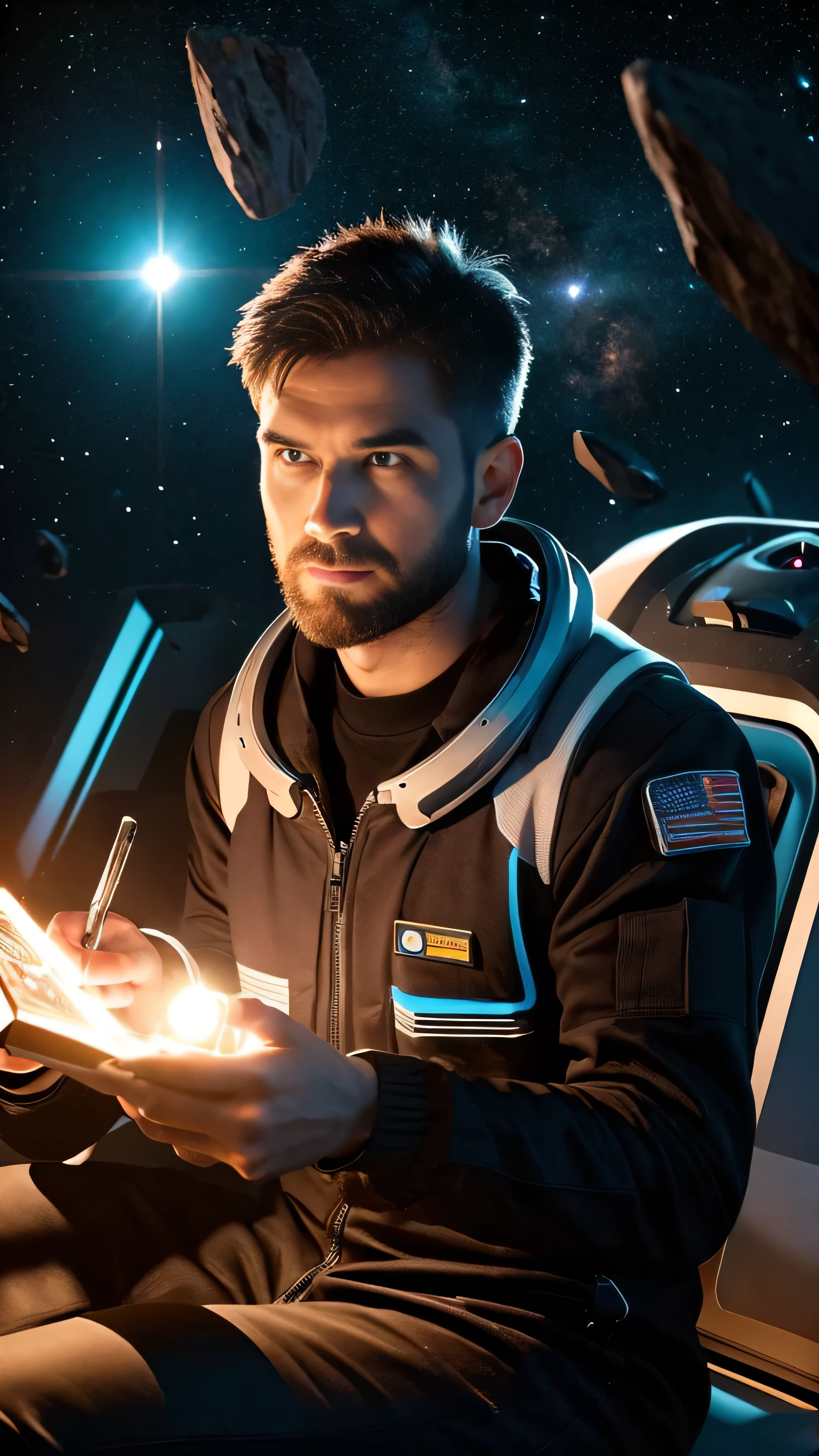 With high definition images, I present a scene from a movie: In the heart of the Asteroid Belt, a likeable programmer is seated on a high-tech research platform. With a notebook in hand, he is engrossed in his research, surrounded by several asteroids that glow with a fiery aura. The rough surface of the asteroids reflects dramatic light from distant stars and planets.

The programmer, with a tight-fitting space suit on, is sharply focused with his facial features. Neat stubble borders his determined jawline, exuding a resolute attitude. He shields his eyes from the glare of the asteroid, looking up at the vast and mysterious universe with a sense