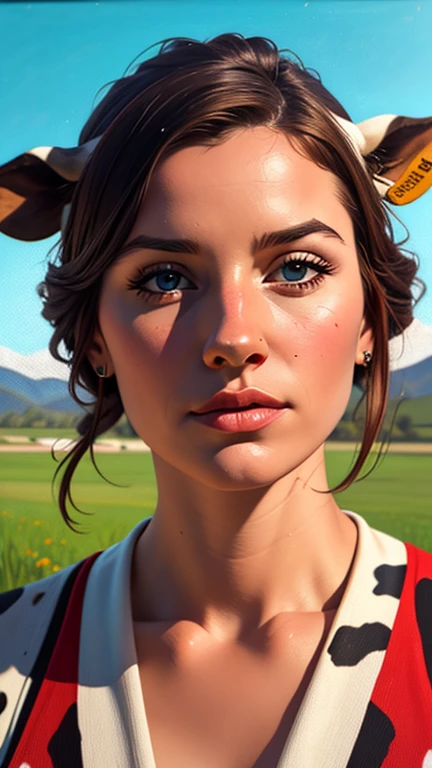 {{{highest quality}}}, {{Very detailed}}, {{Very delicate and beautiful}}, (highest quality, In 8K, 32k, )、Ranch、realistic oil painting 、Girl wearing a cow's head、Overalls、Bone Necklace、American Urban Style、Line art