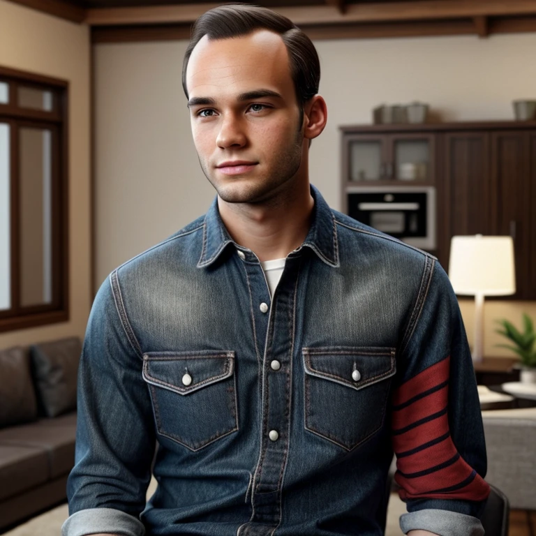 young man, twenty years old, very short dark brown hair, slightly receding hairline, 90s clothing, photorealistic, realistic, photorealism, indoor, smartaleck