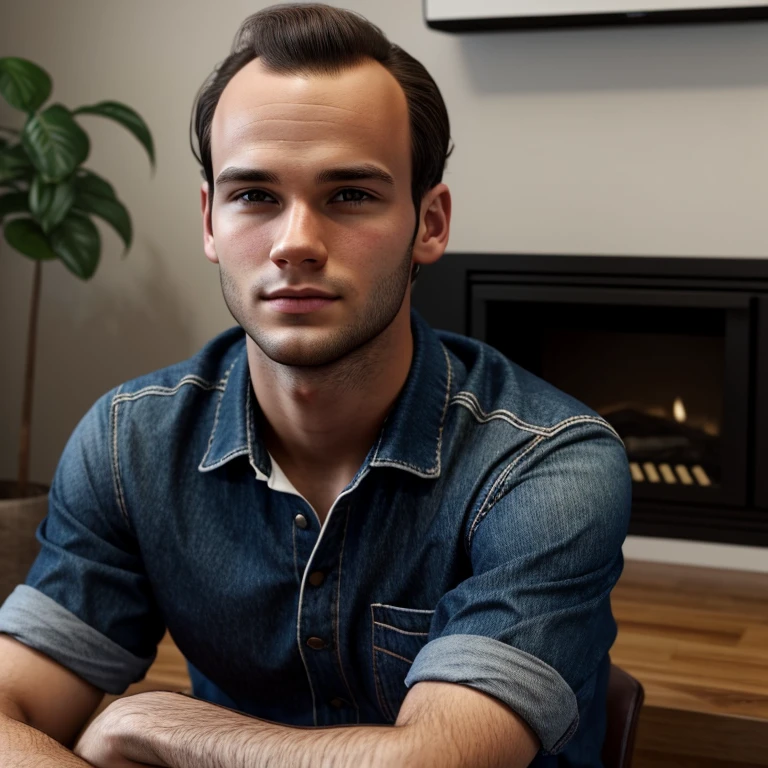 young man, twenty years old, very short dark brown hair, slightly receding hairline, 90s clothing, photorealistic, realistic, photorealism, indoor, smartaleck