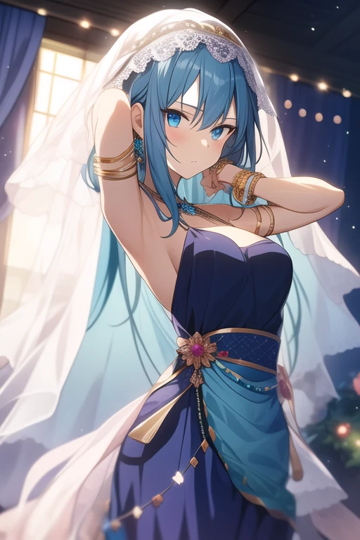 Anime older girl with long white hair and dark blue eyes, wearing a flowy dress that follows her movements with bangles and bracelets on her wrist and a veil on her head, with bright decorations surrounding her