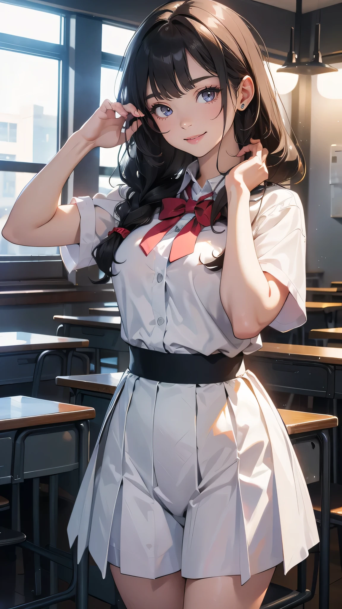 looking at viewer,high school girl,leaning forward,(random school uniform),(random Lively pose),(Thin type),(large breasts:1.2),(random hairstyle:1.2),(Highest image quality, (8K), Ultra-realistic, Best Quality, High quality, High Definition, high quality texture, high detailing, Beautiful detailed, fine detailed, extremely details CG, Detailed texture, realistic representation of face, masterpiece, presence),(wearing glasses:1.1)