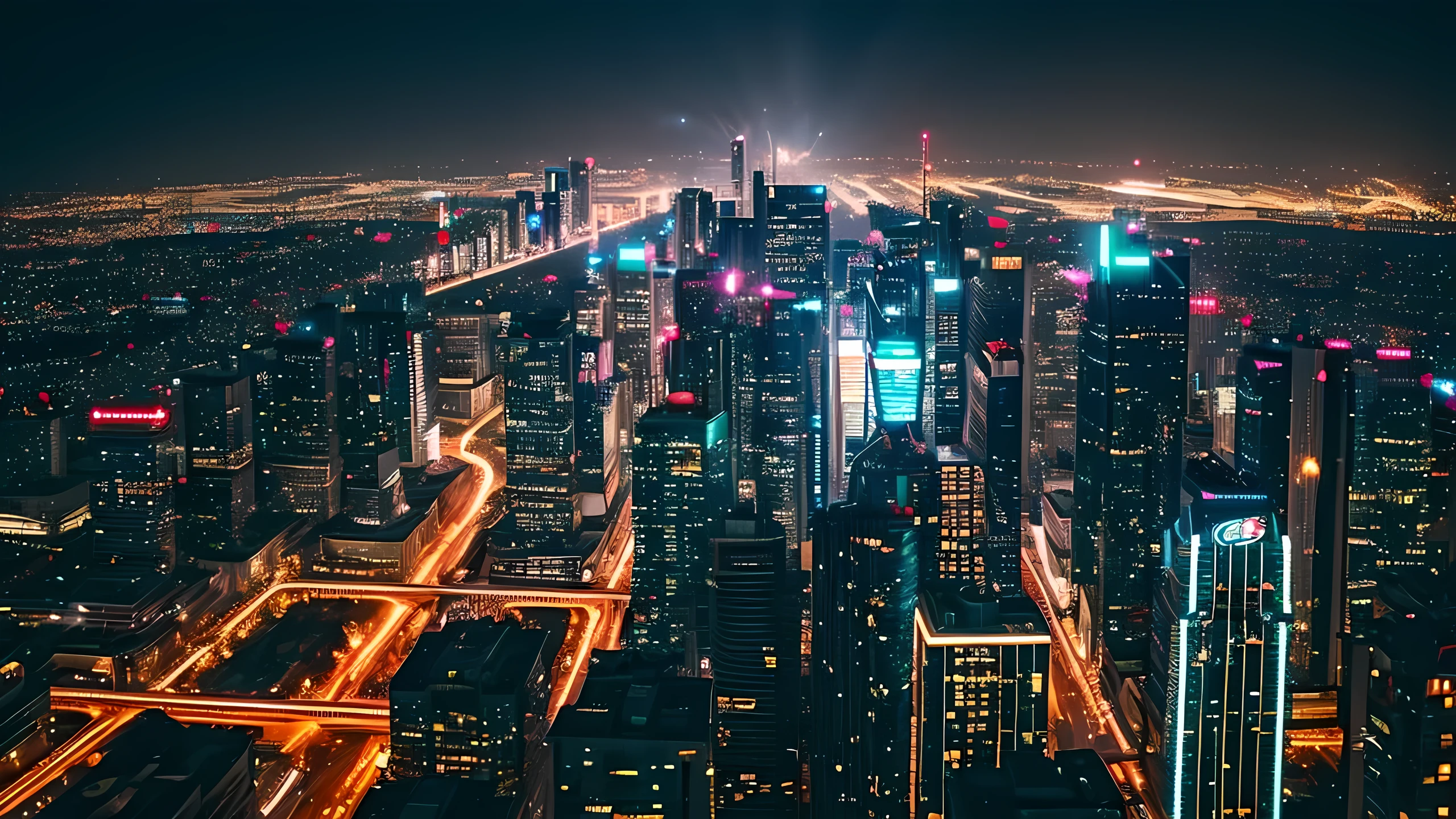 With a glittering cityscape as a background、Create a million-dollar nighttime photo。The city is lit up、Skyscrapers and neon signs shine、There is a glamorous atmosphere in the air。Stars shine in the night sky、Please express a scene where the hustle and bustle of the city is in harmony with its beauty.。