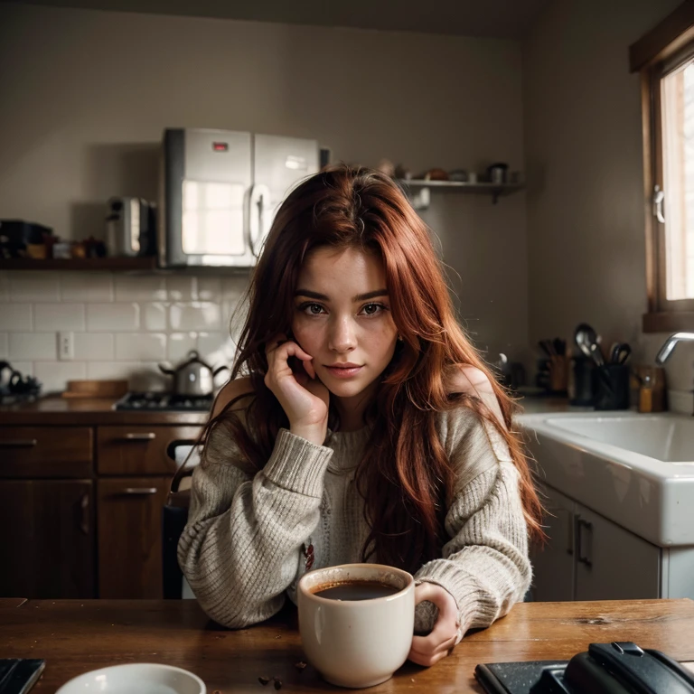 closeup, portrait, LeannaDecker, ((wearing sweater)), inside, portrait, kitchen, holding coffee mug, winter fire, eyes open, best quality, upper body, by lee jeffries nikon d850 film stock photograph 4 kodak 400 camera f1.6 lens rich colors hyper realistic lifelike texture natural lighting unreal engine trending on artstation cinestill 800, (100mm lens), long hair,, red hair