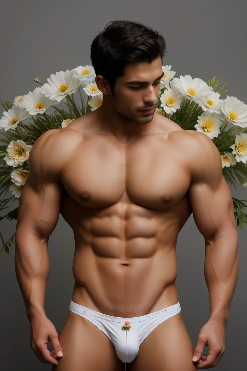 best quality,masterpiece,Ultra high detail,A handsome muscular man,Short black hair,topless,(Flowers on the shoulder),(With flowers in his black micro thong),realistic,Grey background,Yellow and white flowers,