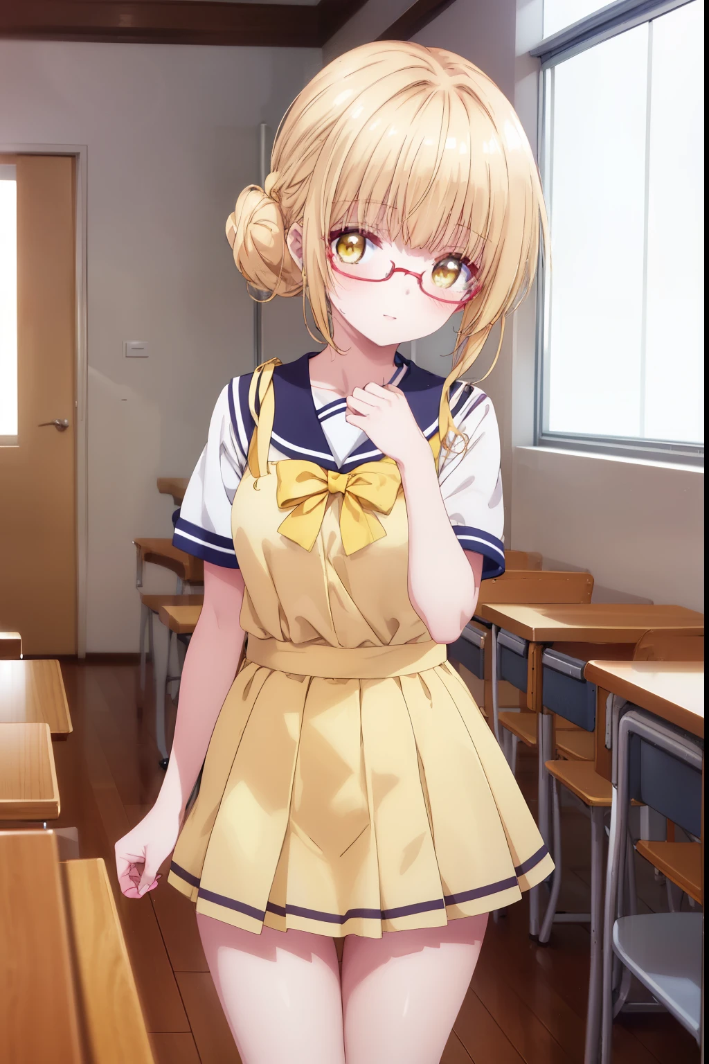 Mahiru shiina, , blonde, (Yellow Eyes:1.3)、Tied bun hairstyle,,blush,smile,Daytime、at school、School classroom、Captivating thighs、Beautiful bare legs, Short-sleeved sailor uniform、very cute、Wear a miniskirt、wearing cute glasses、Lolita、Small breasts、Cat pose
（masterpiece:1.2), highest quality, High resolution, unity 8k wallpaper, (shape:0.8), (Beautiful and beautiful eyes:1.6), Highly detailed face, Perfect lighting, Extremely detailed CG, (Perfect hands, Perfect ???????),