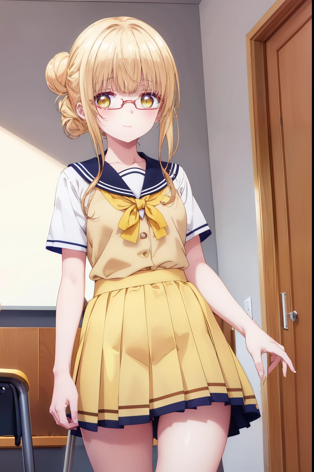 Mahiru shiina, , blonde, (Yellow Eyes:1.3)、Tied bun hairstyle,,blush,smile,Daytime、at school、School classroom、Captivating thighs、Beautiful bare legs, Short-sleeved sailor uniform、very cute、Wear a miniskirt、wearing cute glasses、Lolita、Small breasts、Cat pose
（masterpiece:1.2), highest quality, High resolution, unity 8k wallpaper, (shape:0.8), (Beautiful and beautiful eyes:1.6), Highly detailed face, Perfect lighting, Extremely detailed CG, (Perfect hands, Perfect Anatomy),