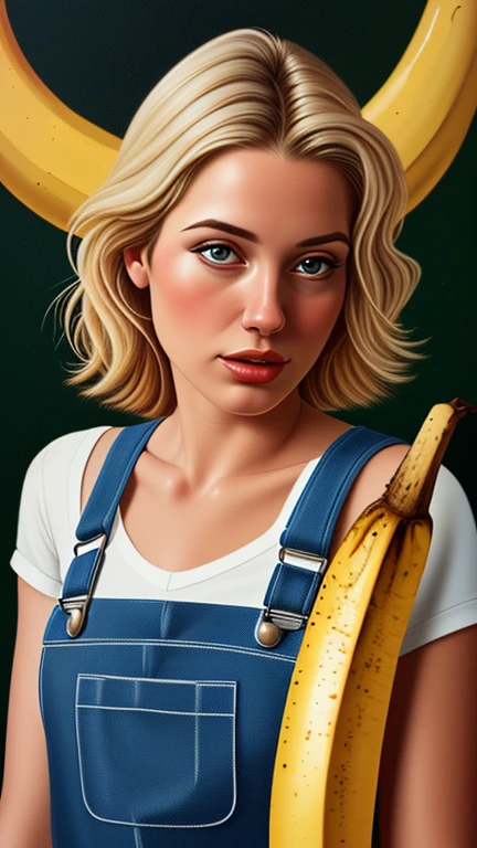 {{{highest quality}}}, {{Very detailed}}, {{Very delicate and beautiful}}, (highest quality, In 8K, 32k, )、realistic oil painting 、Girl wearing a banana peel、Overalls、Line art、Blonde